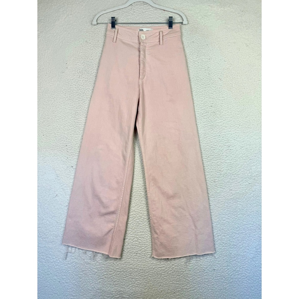 Zara Women Pink The Marine Straight Wide-Leg High Rise Raw Hem Pants Sz 4